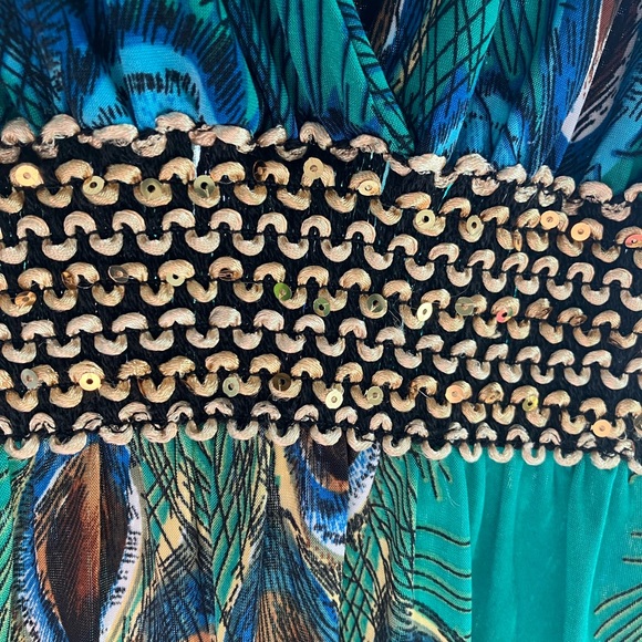 Green Multicolored V Neck Sleeveless Peacock Print Maxi Dress Sz M - Picture 9 of 14